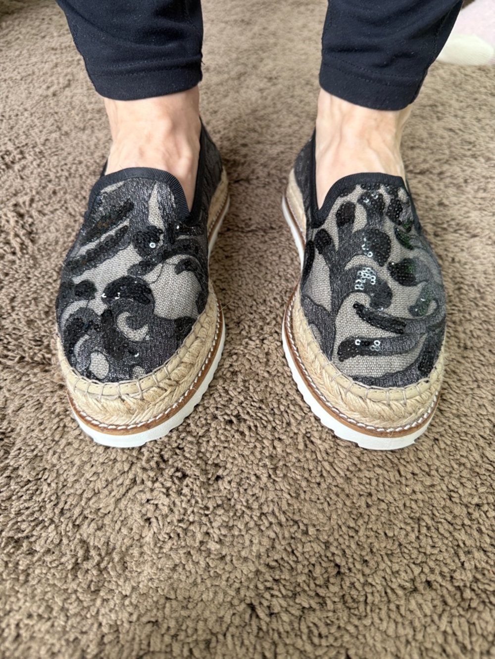 Sequin Embellished Black Espadrille Slip-Ons